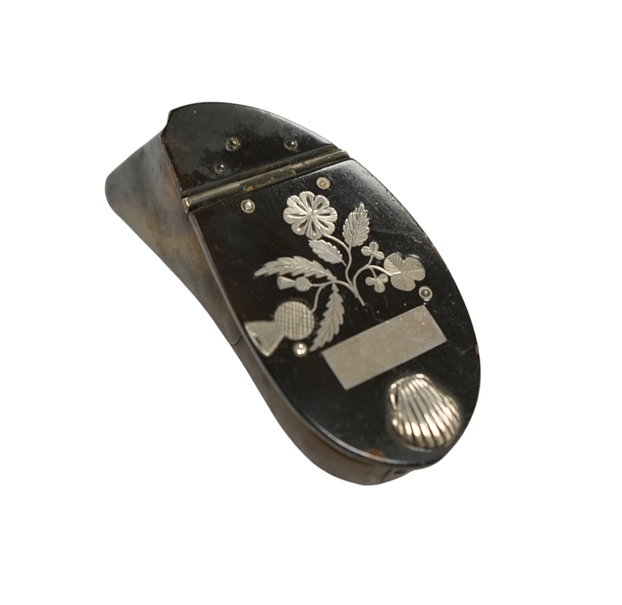 A 19th century Scottish white metal inlaid shaped horn snuff box, 87mm. Condition - poor